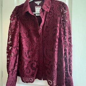 Nanette Lepore Deep Red Lace Button-Down Shirt